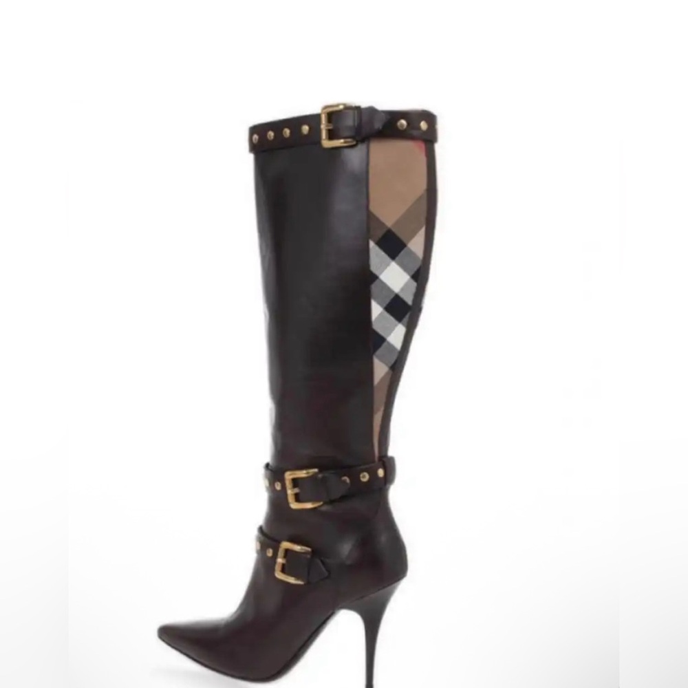 Burberry Black and Brown Plaid Heeled Boots - Picture 1 of 11
